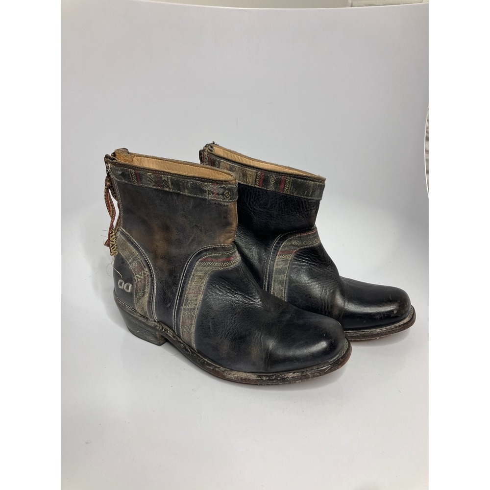 Bed Stu Cobbler Series Boots Womens 8 Black Good Distressed Leather Woven Trim